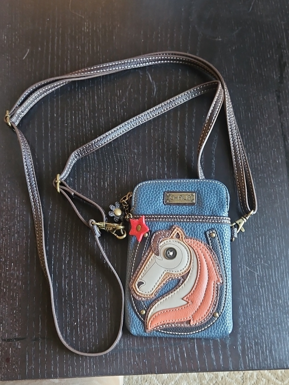 Chala Blue Crossbody Phone Bag with Horse Applique and Brown Strap